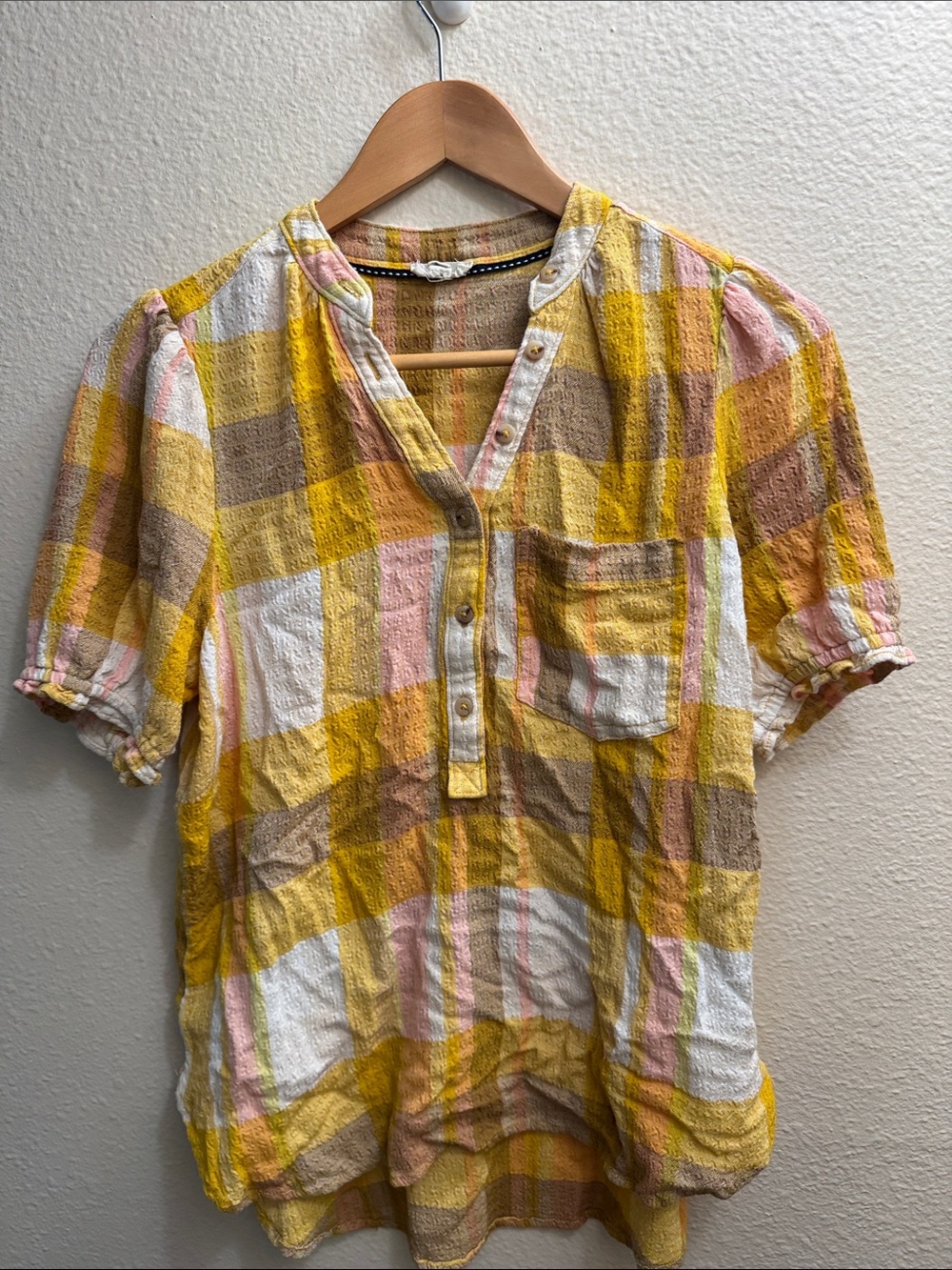 Pilcro Yellow Pink Brown Plaid Short-Sleeve Blouse - Picture 1 of 5